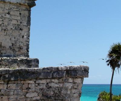 Pelicans flying behind El Castillo