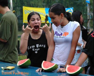 Limbering up for the water melon eating contest at NJIS Fun Fair May 2004