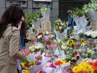 A flower stall on Grafton Street, Dublin's posh pedestrian shopping street.