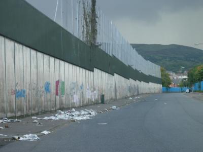 The Peace Line, separating the Catholic and Protestant areas of West Belfast.