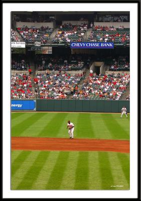 Left side of the infield and outfield at Oriole Park in Camden Yards.