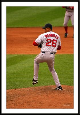 Boston pitcher Ramiro Mendoza, goes into his delivery.