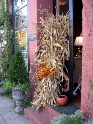 Fall decorations on a shop in Jacksonville, Oregon.