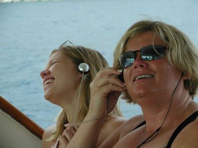 Kathy and Meghan Groovin' on the Stormy Petrel