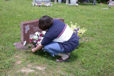 Karen Decorating her Grandma & Grandpa Thornsberry's Graves