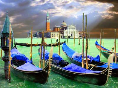 Venice,-Gondolas on Pier