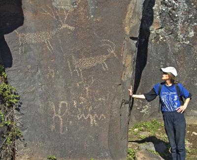 Debra & petroglyph. / N.W. of  Long Lake