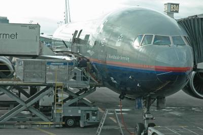 Loading cargo in the Boeing 777 that we flew on