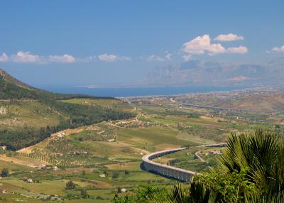 Looking north from the Greek theater, we see the Gulf of Castellammare and the Autostrada.
