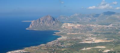 Monte Cofano (629m) on the Tyrrhenean Sea, as viewed from the hill town of Erice (753m).