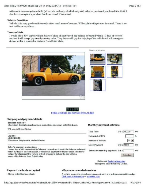 1970 Porsche 914-6 sn 9140430238 eBay Sep202004 Sold $15k - Photo 2