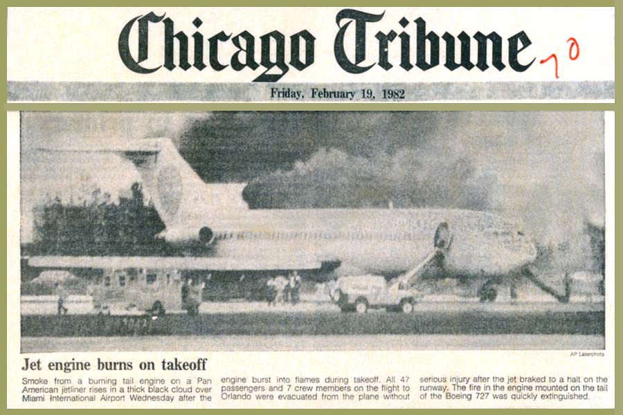 1982 - Chicago Tribune, Pan Am B727-235 N4734 Clipper Charmer engine fire on takeoff roll
