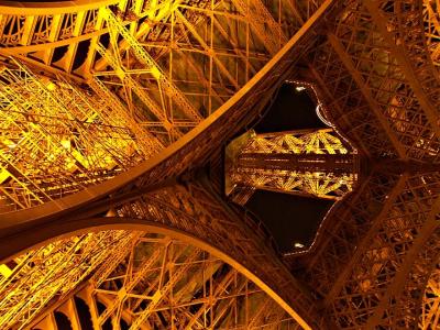 Neck-craning view of the Eiffel Tower