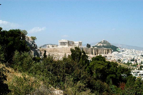 View of the Acropolis while climbing the Philopappos Hill