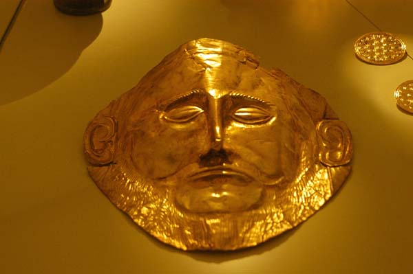 Copy of 16C BC burial mask found at Mycenae, originally thought to be that of Agamemnon, but is much older