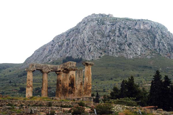 Acrocorinth looms above the Temple of Apollo, Ancient Corinth