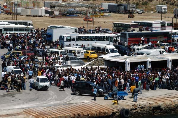 Crowd at the ferry terminal, Mykonos