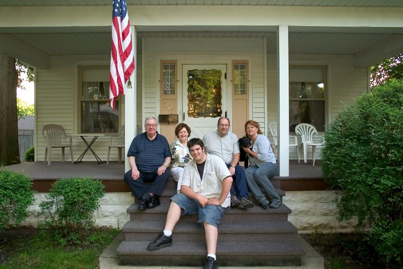 Bob, Sue, Paul, Deb, Oliver the Dog, and Andy on Front Porch of Le Mars Residence - Photo by Paul Grupp