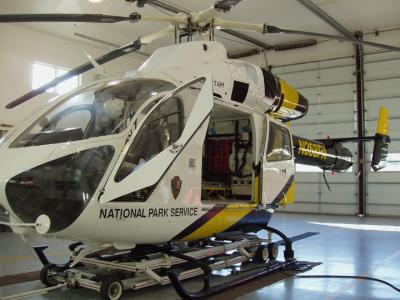 The twin-engine SAR chopper in the hanger