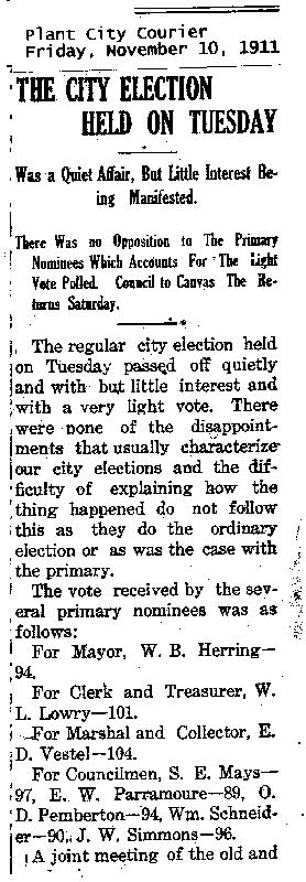 E. D. Vestel, Tue Nov 7 1911 elected as City Marshal and Collector