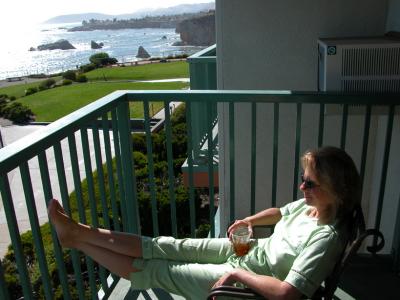 On the balcony at the Shore Cliff Lodge, Pismo Beach, California