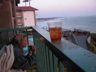 Laurie on the balcony at Shore Cliff Lodge, Pismo Beach, CA
