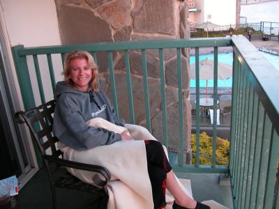Laurie in the balcony at Shore Cliff Lodge, Pismo Beach, CA