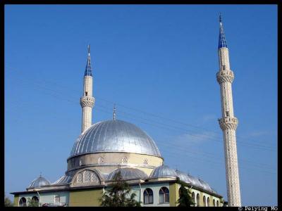 A newly cleaned mosque with aluminum like shining domes
