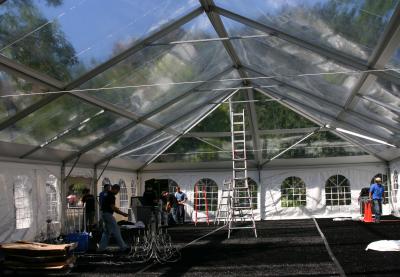 Inside a Tent - Getting Ready to Raise the Chandeliers