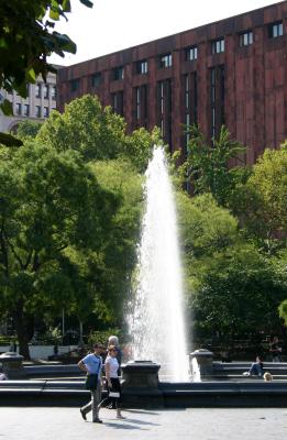 Fountain with NYU Library
