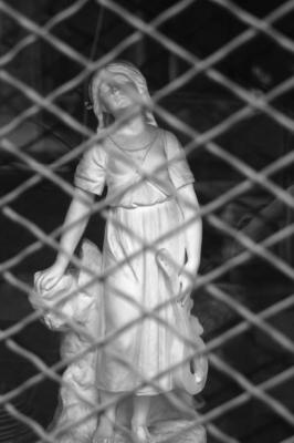 caged statue bw