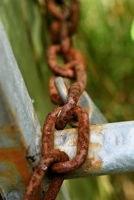 a rusty chain holds the gate closed