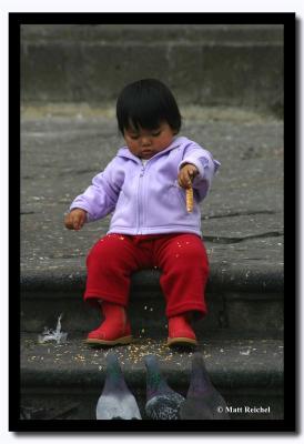 Little Girl Feeding the Pigeons, Lima, Peru