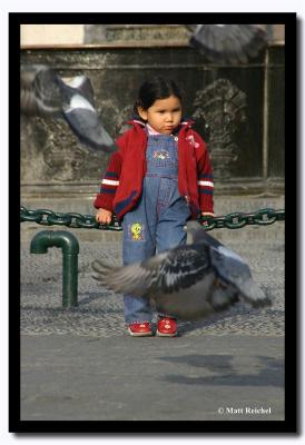 Little Girl Surrounded by Pigeons, Plaza Mayor, Lima, Peru