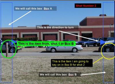 Now keeping the camera very level (a tripod is best) turn to the right for the next shot.

The item you keyed on (the mailbox and post in the first shot) should now be placed in BOX A.

While keeping the item in BOX A, the mailbox and post. Look in BOX B and see what item to key on for the next shot.

Now take shot number 2.