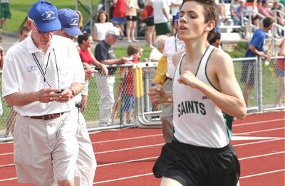 Danny Busby at the finish, winning the 1600 meter run