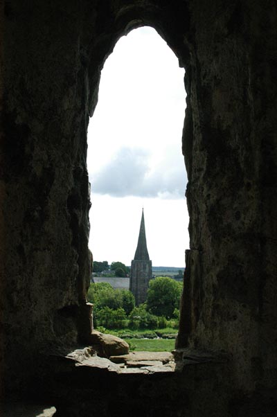 Church spire seen from Kidwelly Castle