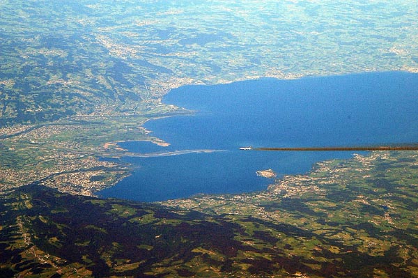 Aircraft flying over Linau on the Bodensee (Lake Constance), Germany