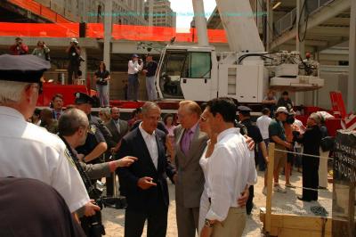 Larry Silverstein in front of the cornerstone of the new Freedom Tower.