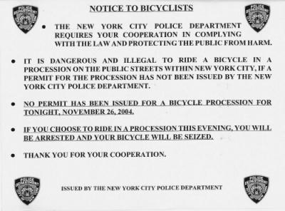 Critical Mass - November 26, 2004 -  NYPD NOTICE