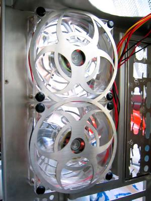 Dual biohazard laser fan grills. Top grill need some filing cos it's too close to the PSU plating