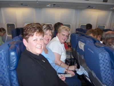 Thursday pm - 30,000 feet up - and heading toards France... Mary, Karen and Rita