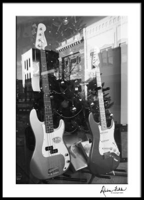 Christmas guitars on a smalltown block