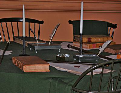 Original desk, chairs, instruments in the room where the Constitution was ratified, 1787.