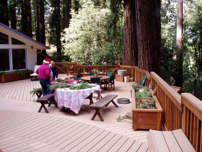 View down deck at tables