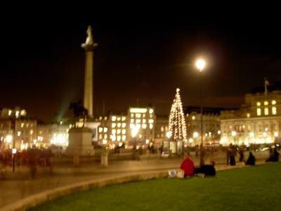 Trafalgar Square at night, decked out for Christmas.