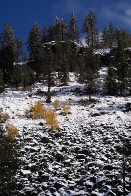 first snow barely covers rocks