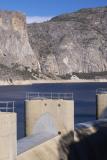 tueeulala falls in hetch hetchy reservoir, dam spill way foreground