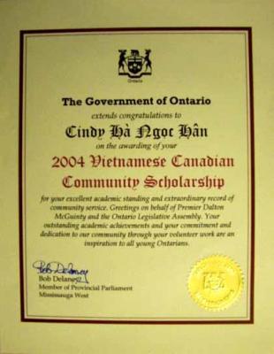 Certificate of Recognition by the Ontario Governmentawarded to Cindy Ha