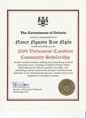 Certificate of Recognition by the Ontario Government awarded to